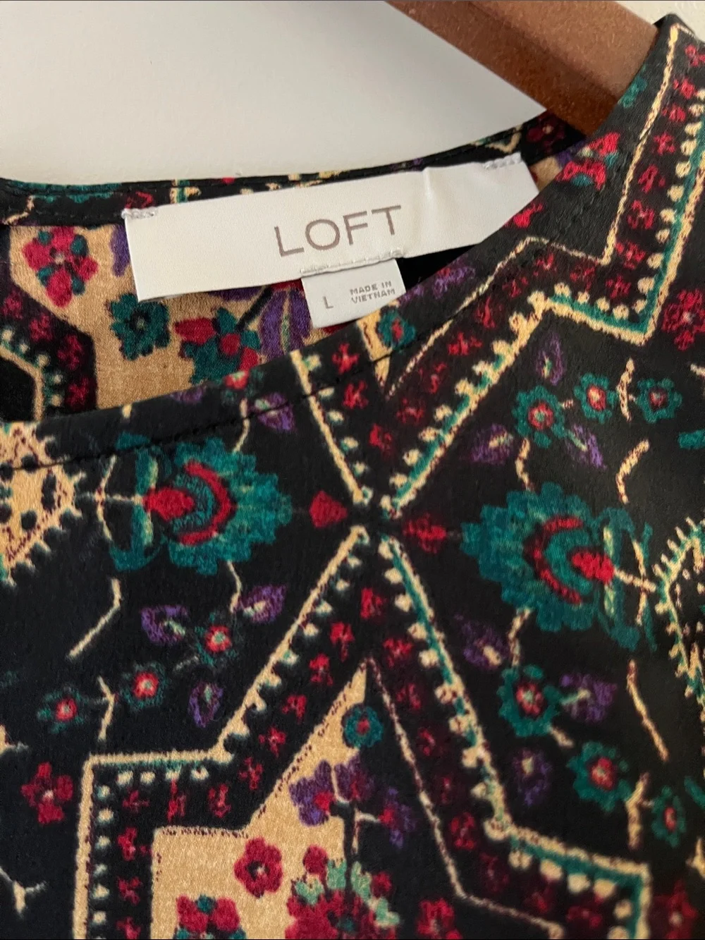 LOFT Black and Cream Geometric Floral Long-Sleeve Blouse